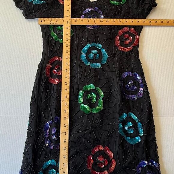 Vintage beaded sequin silk dress with flowers - Picture 5 of 6